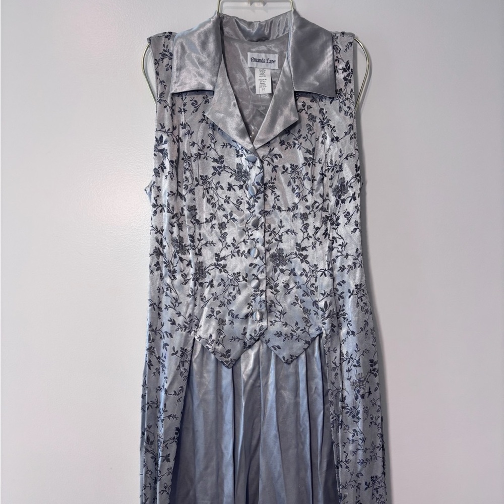 Amanda Lane Vintage Silver Floral Jacquard Satin 2 Piece Vest Pants Set Size 10 - Picture 2 of 15